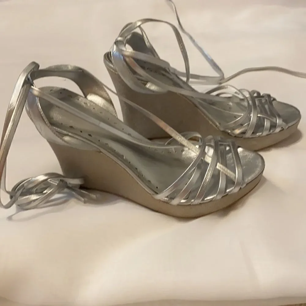 BCBGirls Silver Wedge Shoes 4.5 heels